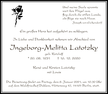 Traueranzeige von Ingeborg-Melitta Latotzky von Tagesspiegel