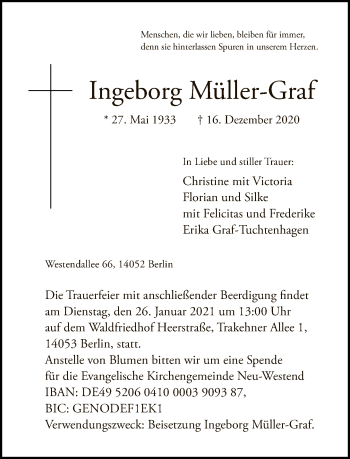 Traueranzeige von Ingeborg Müller-Graf von Tagesspiegel