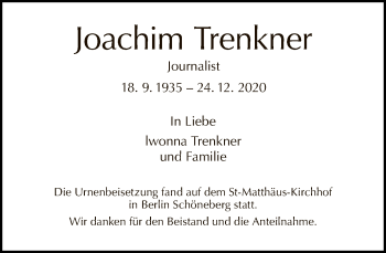 Traueranzeige von Joachim Trenkner von Tagesspiegel