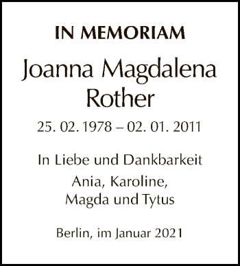 Traueranzeige von Joanna Magdalena Rother von Tagesspiegel