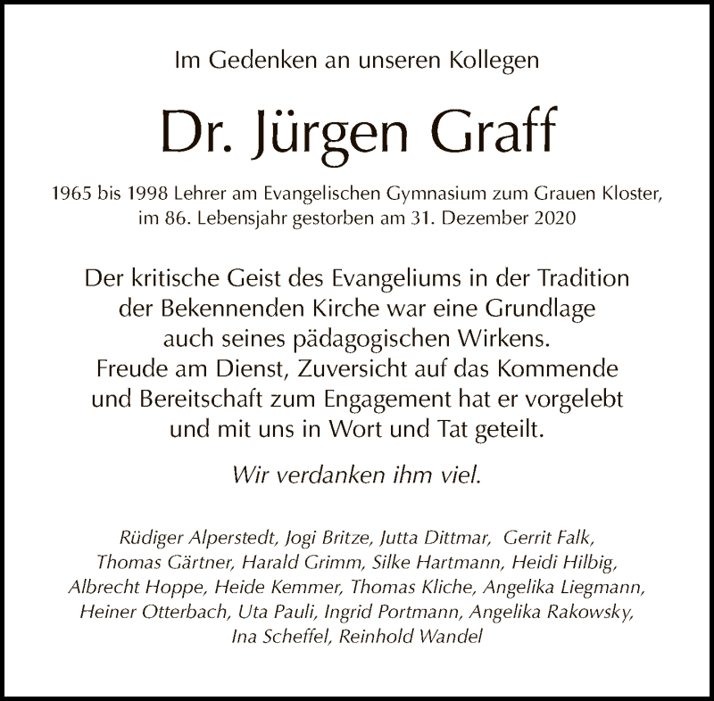  Traueranzeige für Jürgen Graff vom 24.01.2021 aus Tagesspiegel