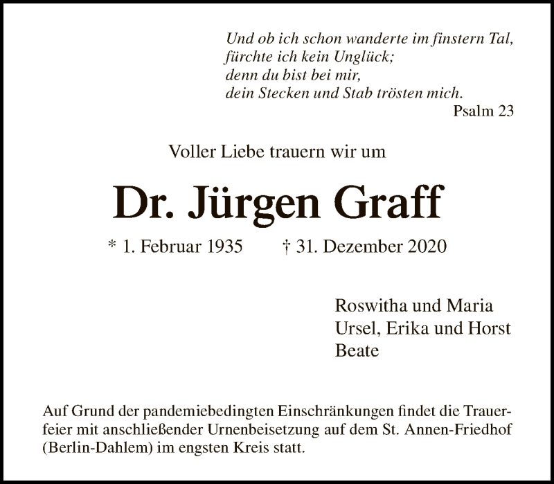  Traueranzeige für Jürgen Graff vom 17.01.2021 aus Tagesspiegel