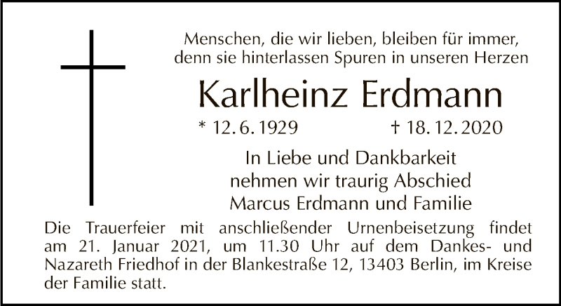  Traueranzeige für Karlheinz Erdmann vom 10.01.2021 aus Tagesspiegel