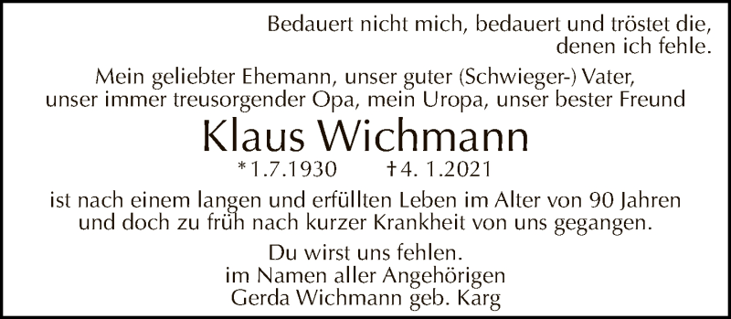 Traueranzeigen von Klaus Wichmann | Tagesspiegel Trauer