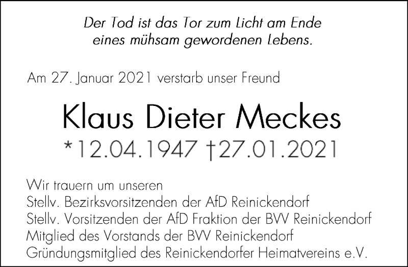  Traueranzeige für Klaus Dieter Meckes vom 31.01.2021 aus Tagesspiegel