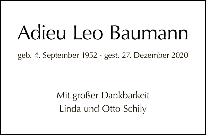  Traueranzeige für Leo Baumann vom 10.01.2021 aus Tagesspiegel