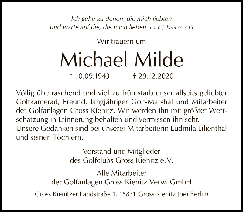  Traueranzeige für Michael Milde vom 17.01.2021 aus Tagesspiegel