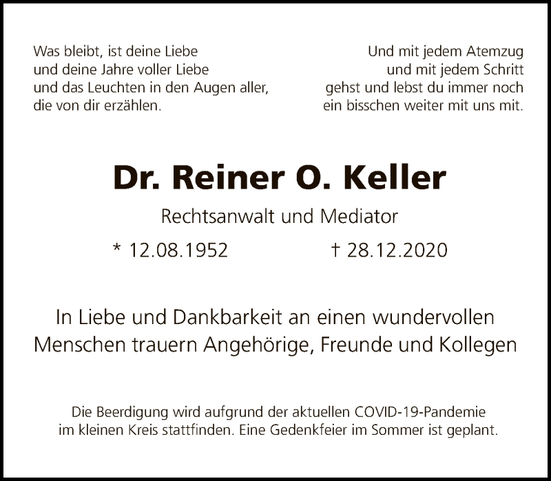  Traueranzeige für Reiner O. Keller vom 17.01.2021 aus Tagesspiegel