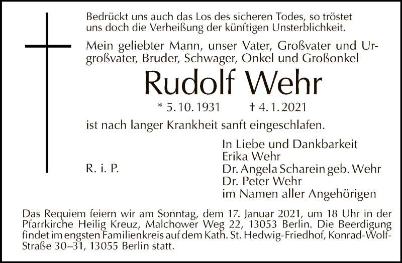  Traueranzeige für Rudolf Wehr vom 10.01.2021 aus Tagesspiegel