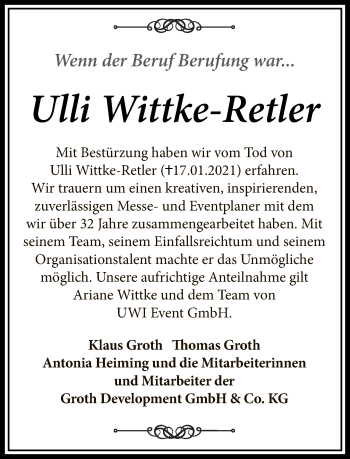 Traueranzeige von Ulli Wittke-Retler von Tagesspiegel