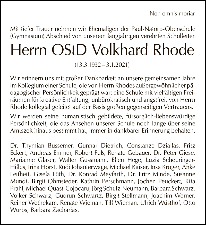  Traueranzeige für Volkhard Rhode vom 10.01.2021 aus Tagesspiegel