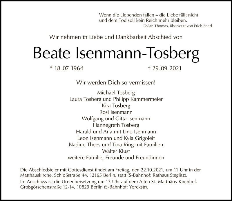  Traueranzeige für Beate Isenmann-Tosberg vom 10.10.2021 aus Tagesspiegel