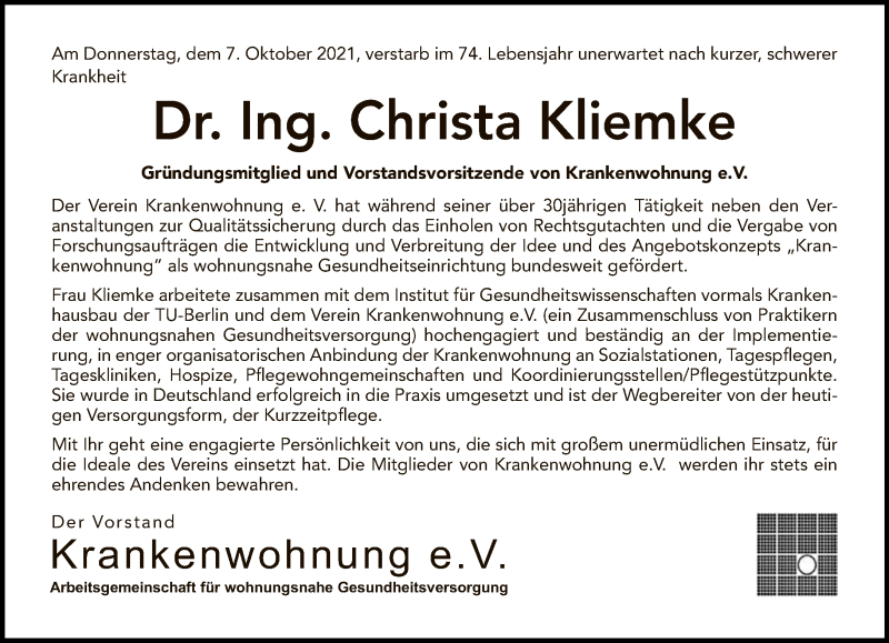  Traueranzeige für Christa Kliemke vom 24.10.2021 aus Tagesspiegel