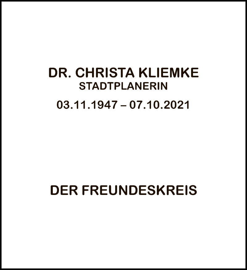  Traueranzeige für Christa Kliemke vom 24.10.2021 aus Tagesspiegel