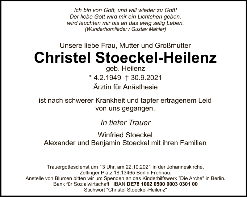  Traueranzeige für Christel Stoeckel-Heilenz vom 17.10.2021 aus Tagesspiegel