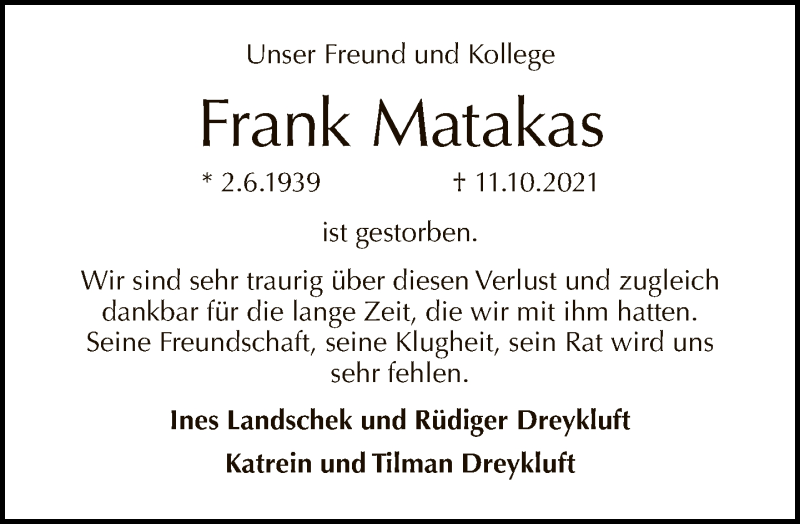  Traueranzeige für Frank Matakas vom 17.10.2021 aus Tagesspiegel