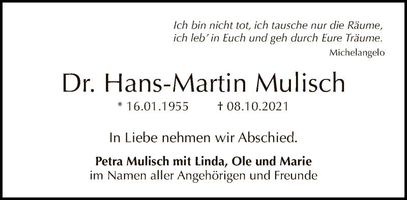  Traueranzeige für Hans-Martin Mulisch vom 24.10.2021 aus Tagesspiegel