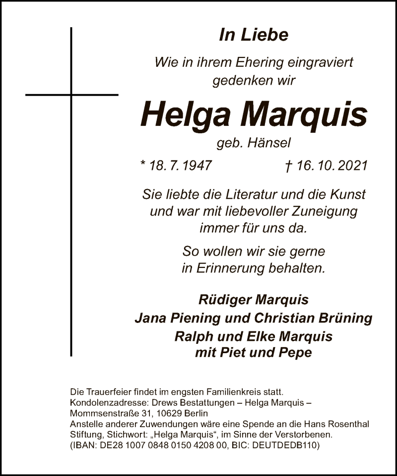  Traueranzeige für Helga Marquis vom 24.10.2021 aus Tagesspiegel