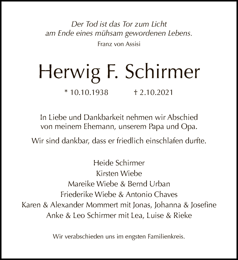 Traueranzeige für Herwig F. Schirmer vom 10.10.2021 aus Tagesspiegel