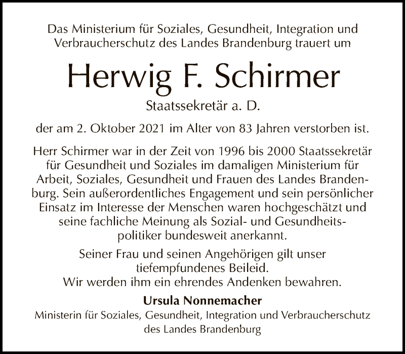  Traueranzeige für Herwig F. Schirmer vom 17.10.2021 aus Tagesspiegel