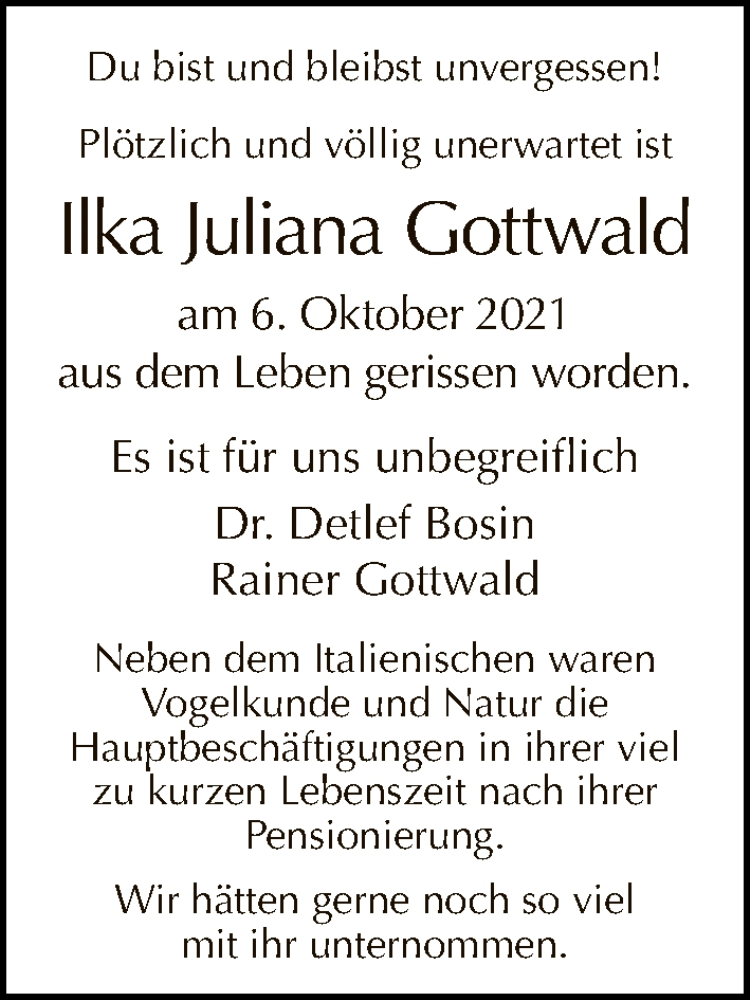  Traueranzeige für Ilka Juliana Gottwald vom 17.10.2021 aus Tagesspiegel