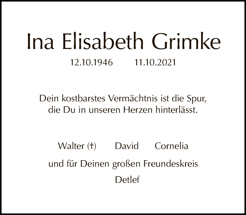  Traueranzeige für Ina Elisabeth Grimke vom 24.10.2021 aus Tagesspiegel
