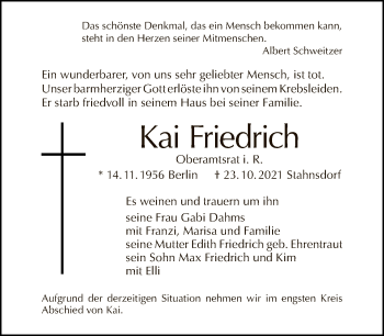 Traueranzeige von Kai Friedrich von Tagesspiegel