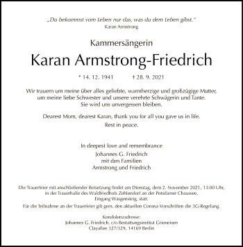 Traueranzeige von Karan Armstrong-Friedrich von Tagesspiegel