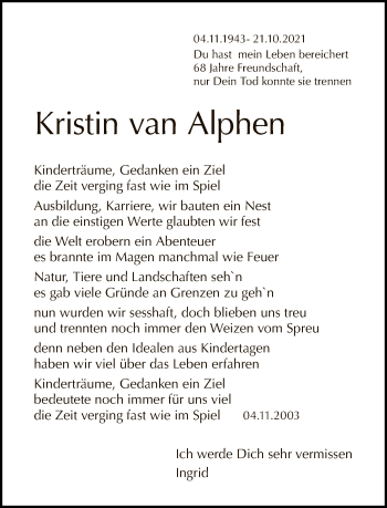 Traueranzeige von Kristin van Alphen von Tagesspiegel