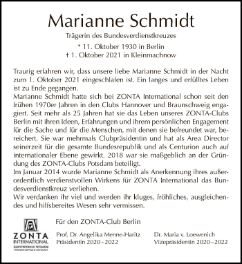 Traueranzeige von Marianne Schmidt von Tagesspiegel