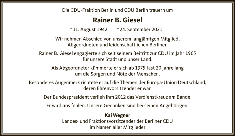  Traueranzeige für Rainer B. Giesel vom 03.10.2021 aus Tagesspiegel