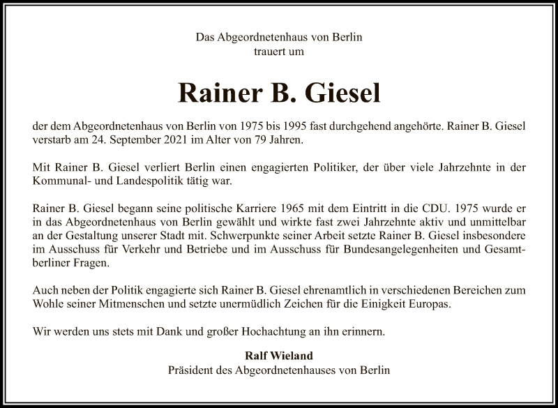  Traueranzeige für Rainer B. Giesel vom 03.10.2021 aus Tagesspiegel