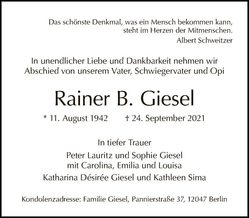  Traueranzeige für Rainer B. Giesel vom 03.10.2021 aus Tagesspiegel