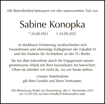 Traueranzeige von Sabine Konopka von Tagesspiegel