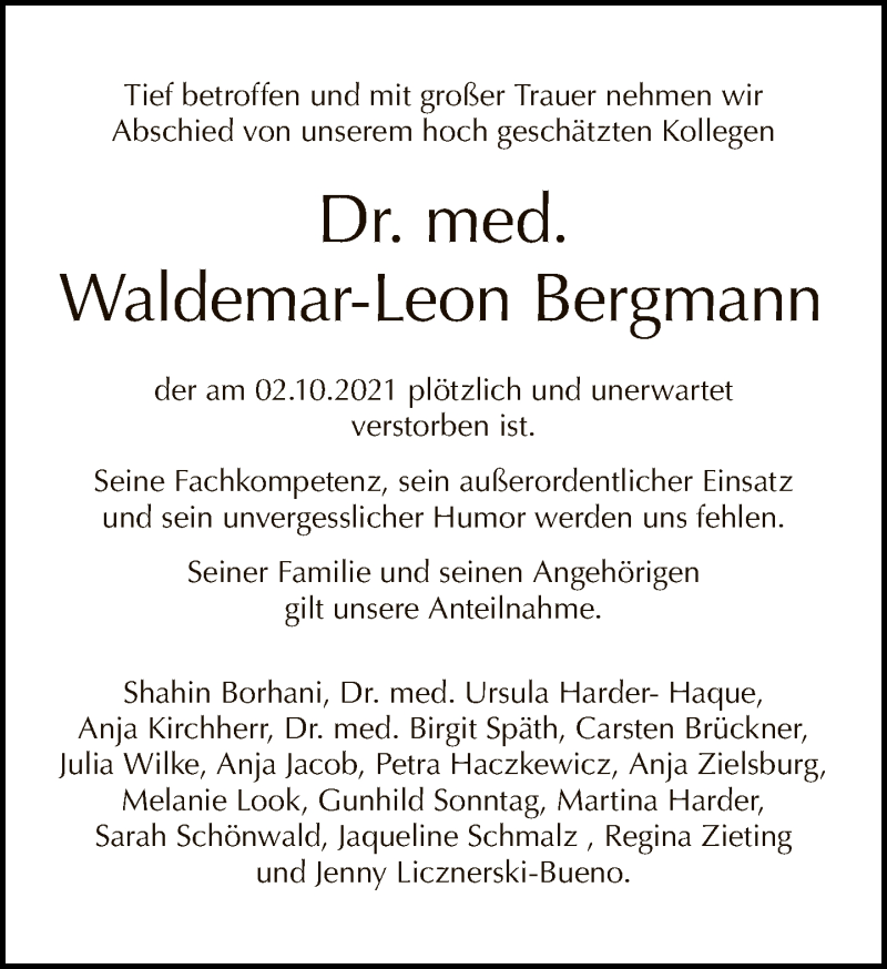  Traueranzeige für Waldemar-Leon Bergmann vom 10.10.2021 aus Tagesspiegel