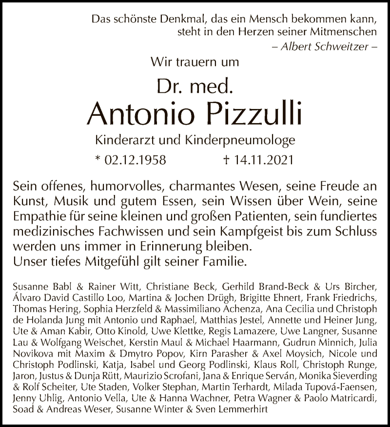  Traueranzeige für Antonio Pizzulli vom 28.11.2021 aus Tagesspiegel