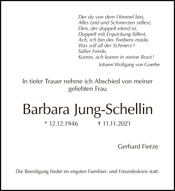 Traueranzeige von Barbara Jung-Schellin von Tagesspiegel