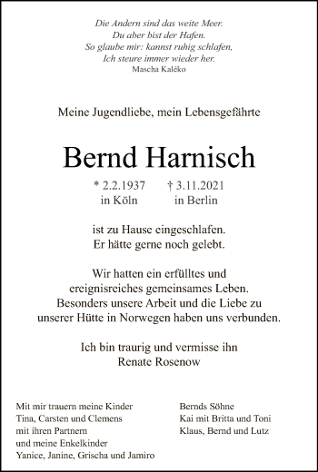 Traueranzeige von Bernd Harnisch von Tagesspiegel