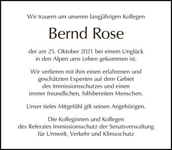 Traueranzeige von Bernd Rose von Tagesspiegel