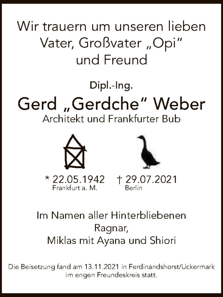  Traueranzeige für Gerd Weber vom 14.11.2021 aus Tagesspiegel