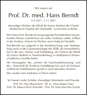 Traueranzeige von Hans Berndt von Tagesspiegel