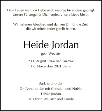 Traueranzeige von Heide Jordan von Tagesspiegel