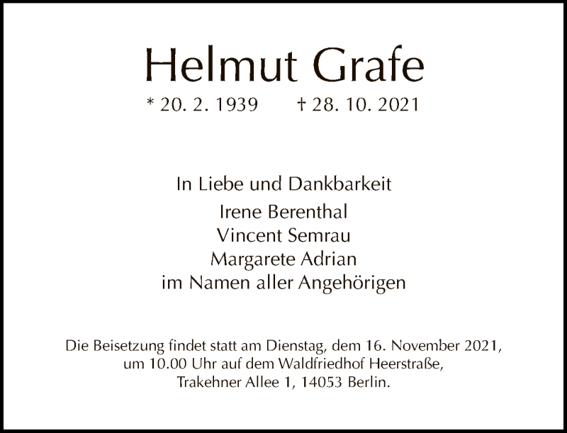  Traueranzeige für Helmut Grafe vom 07.11.2021 aus Tagesspiegel
