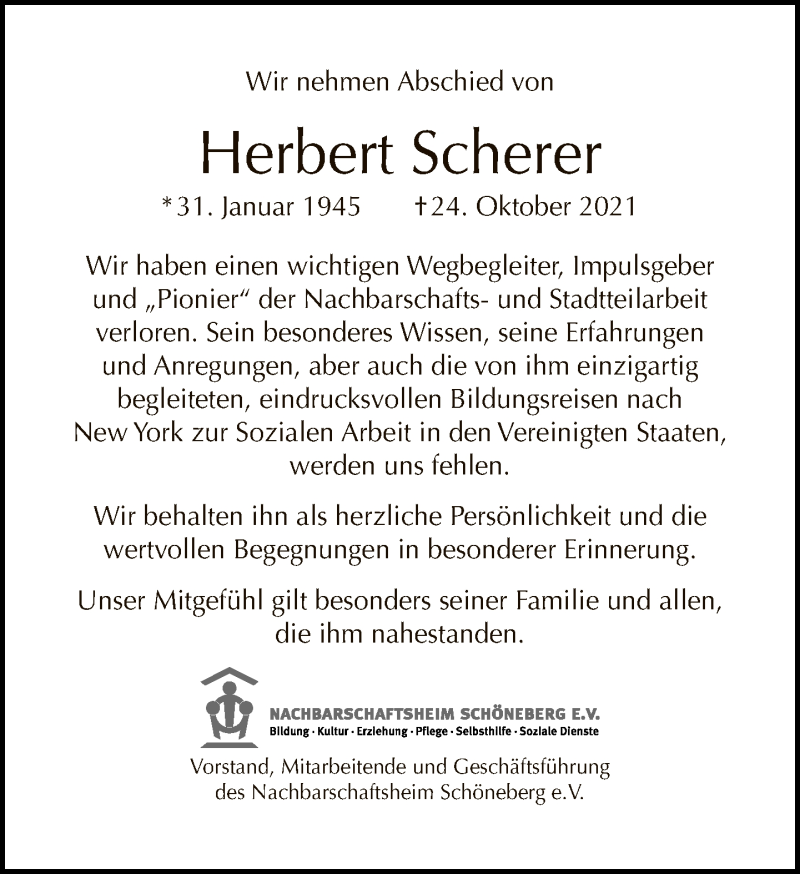  Traueranzeige für Herbert Scherer vom 14.11.2021 aus Tagesspiegel