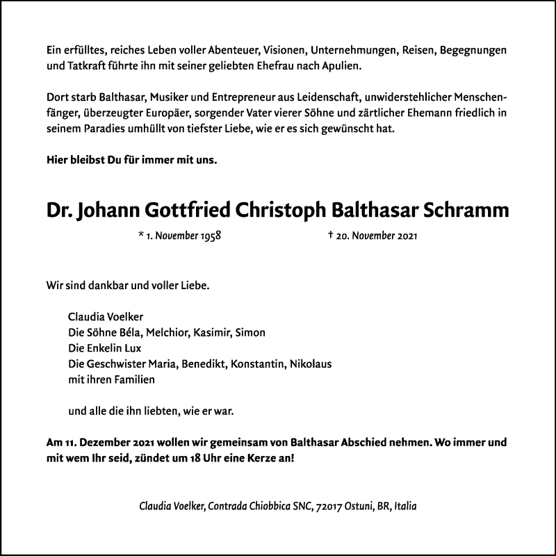  Traueranzeige für Johann Gottfried Christoph Balthasar Schramm vom 28.11.2021 aus Tagesspiegel