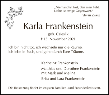 Traueranzeige von Karla Frankenstein von Tagesspiegel