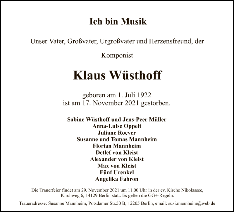  Traueranzeige für Klaus Wüsthoff vom 21.11.2021 aus Tagesspiegel