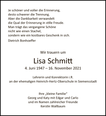 Traueranzeige von Lisa Schmitt von Tagesspiegel