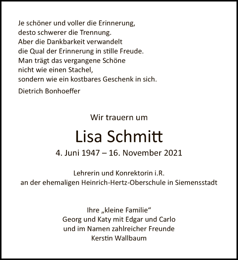  Traueranzeige für Lisa Schmitt vom 28.11.2021 aus Tagesspiegel