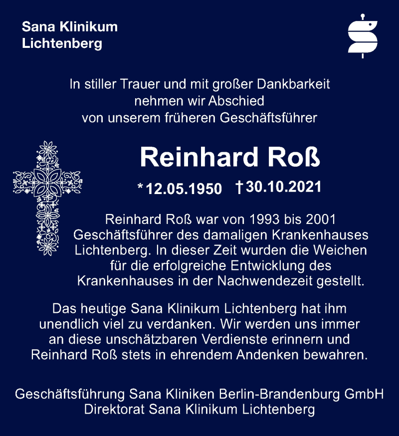  Traueranzeige für Reinhard Roß vom 07.11.2021 aus Tagesspiegel